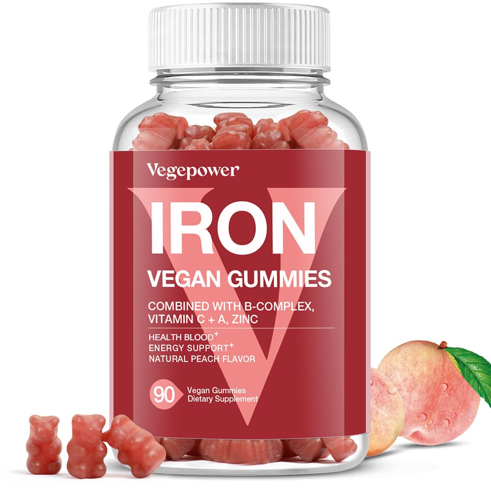 Vegan Iron Gummies Suplemento - con Vitamina C, A, B-Complex, Folate, Zinc para Adultos &amp; Niños - Sangre de Salud y Energía Asistencia para la Deficiencia de Hierro, Anemia, No Después del Sabor - Peach Flavor (90 Ct)