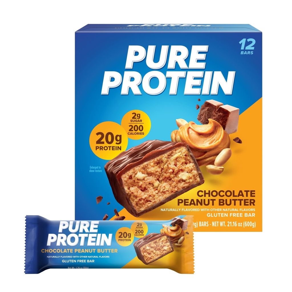 Barras de proteína puras, alta proteína, nutritious Snacks to Support Energy, bajo azúcar, sin gluten, mantequilla de maní de chocolate, 1,76oz, 12 conde (paquete mayo Vary)