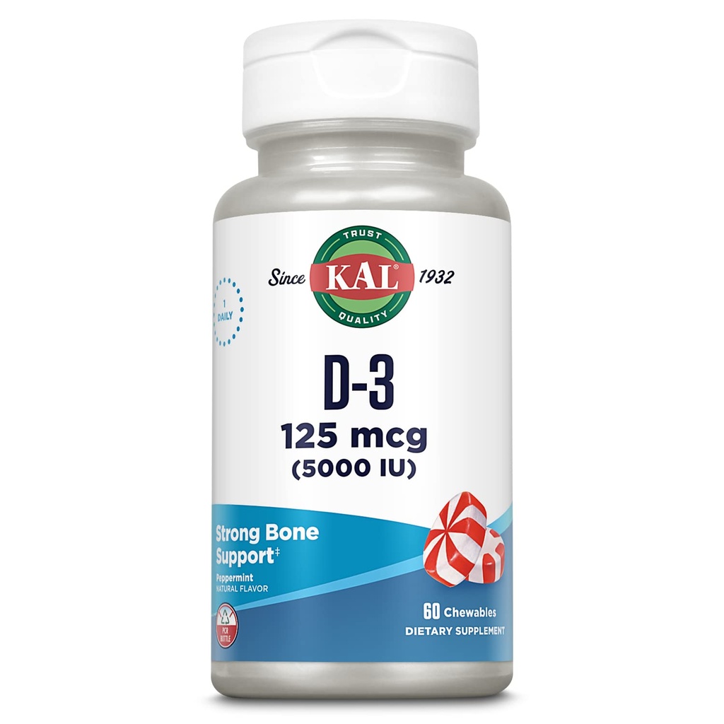 KAL Vitamina D3 5000 UI 125 mcg, Alta Potencia Vitamina D Chewables, Calcium Absorption, Bone Health and Immune Support Suplemento, Natural Peppermint Flavor, 60-Day Guarantee, 60 Servings, 60 Chews