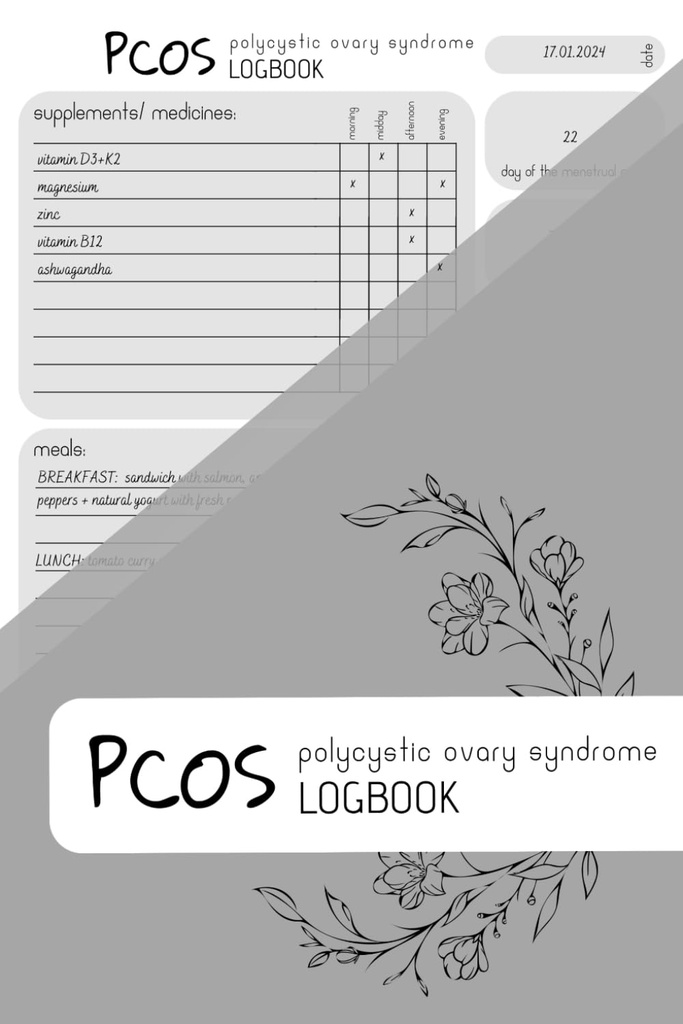 PCOS LOGBOOK: Rastreador de suplementos, Planificador de comidas, Tracker de período, 150 páginas, 6x9 en, Diseño minimalista