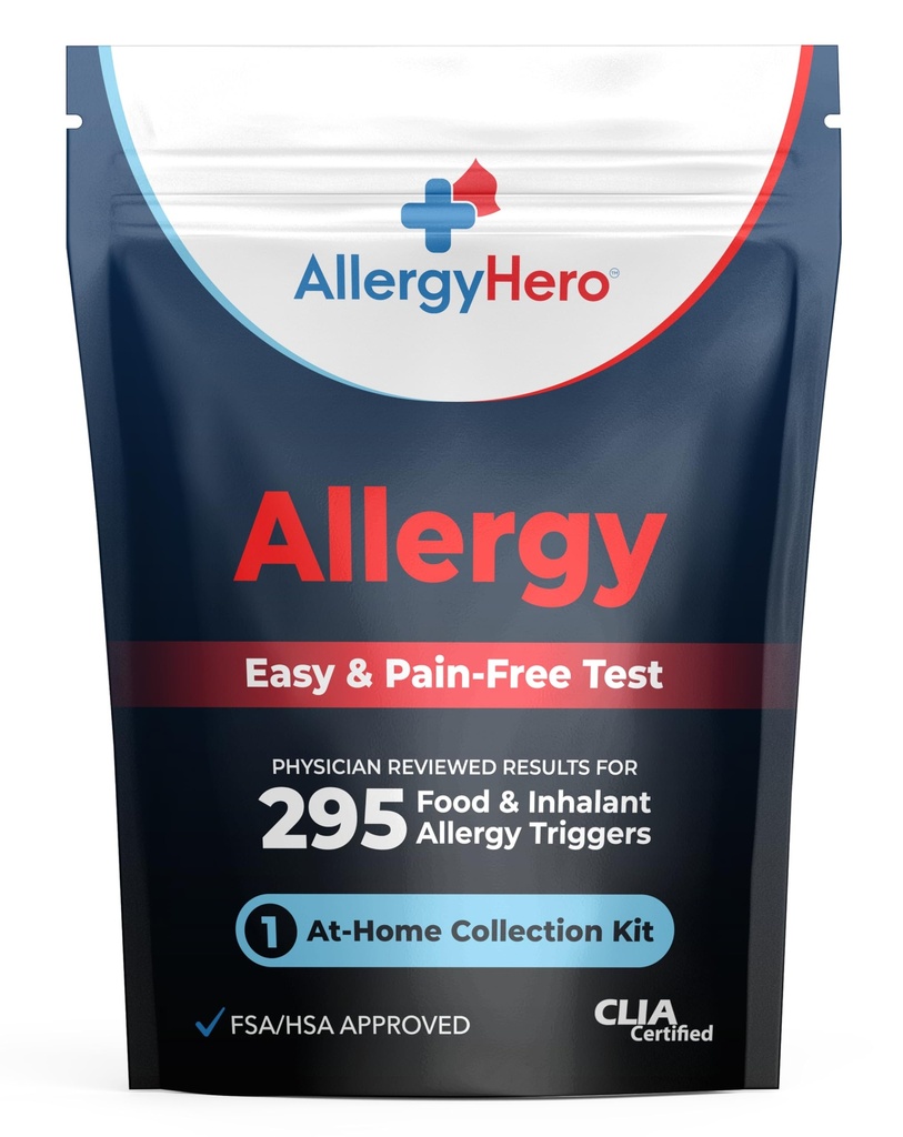 AllergyHero Kit de Pruebas de Alimentación Integral y Medioambiental con 295 Triggers para Adultos &amp; Niños – Fácil y Sin Dolor en el hogar Kit de Pruebas de Alergia con Resultados Precisos
