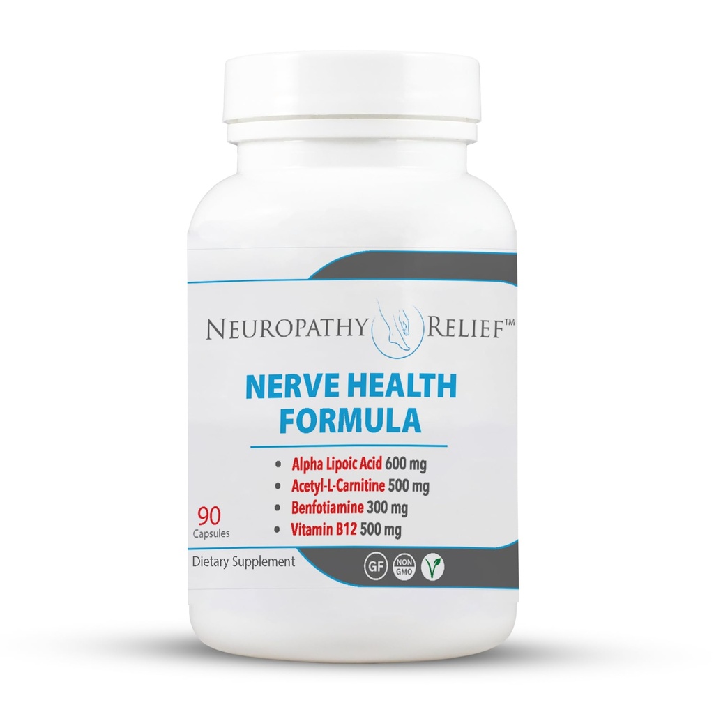Neuropatía AlivioTM Nerve Health Fórmula - Soporte avanzado con ácido lipoico alfa, acetil-L-Carnitina, benfotiamina y vitamina B12-90 cápsulas