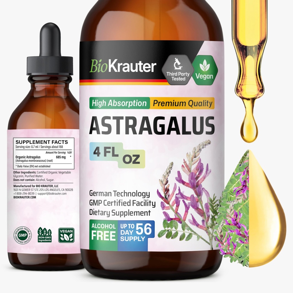 BIO KRAUTER® Astragalus for Immune Support - Vegan Astragalus Root Herbal Supplements 685 mg for Daily Wellness - Liquid Extract 4 Fl.Oz., 56 Days of Supply, Alcohol & Sugar Free