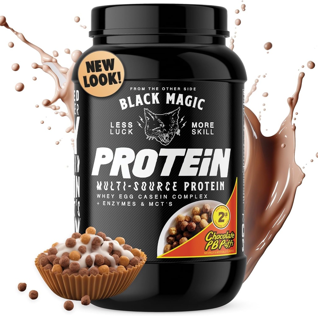 Black Magic Protein Powder - Whey, Egg, y Casein Complex with Enzymes & MCT Powder - Pre Workout y Post Workout - Nuevo Look- Famoso Chocolate Puffs de mantequilla de maní - 24g Protein - 2 LB