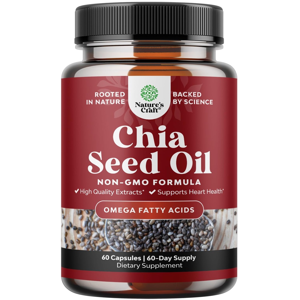 Chia Seed Oil Extract Capsules - Plant Based Omega 3 6 9 Suplemento y cápsulas de fibra diaria para adultos Apoyo digestivo e inmunitario y salud cardíaca - Omega 3 Fatty Acids Suplemento para hombres y mujeres