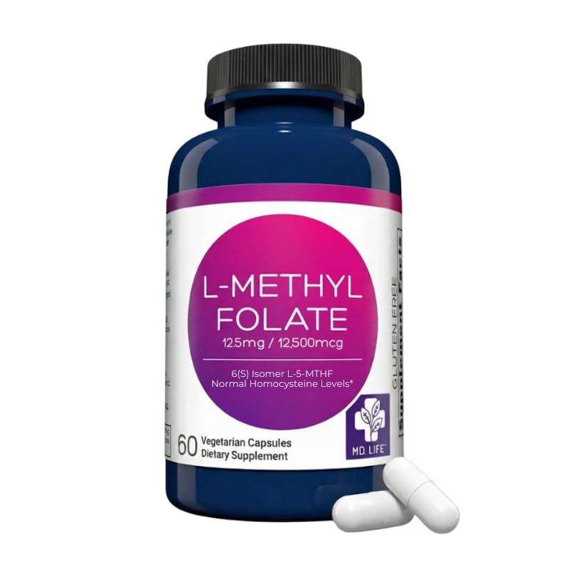MD Life L-Methylfolate 12.5 mg Suplemento - Professional-Grade Active L Methylfolate Suplemento - 60 cápsulas - L-Methylfolate 12.5mg - Maximum Potency MTHFR W/Essential Amino Acids
