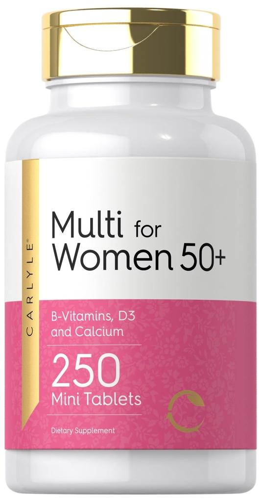Carlyle Multivitamin for Women 50 Plus ← 250 Mini Tablets ← Iron Suplemento gratuito  Vitaminas A, B12, C, D3, Folate (como ácido fólico) y Calcium ← Non-GMO, Gluten Free