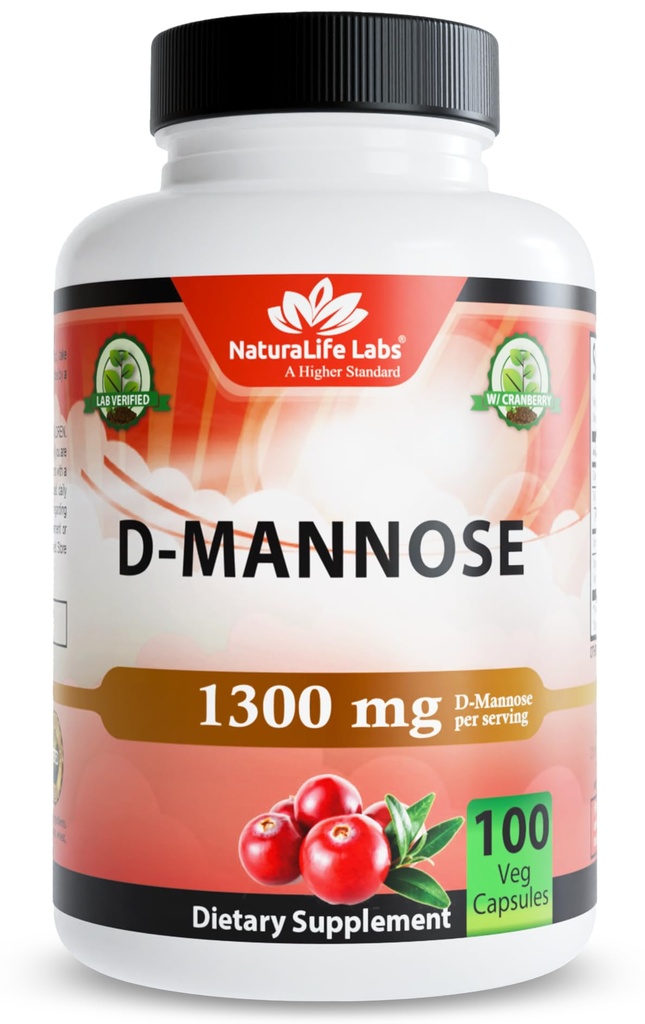 NaturaLife Labs Organic D-Mannose 1300 mg con extracto de arándano orgánico 100 mg por ser – 100 cápsulas – No GMO, sin gluten, Vegan