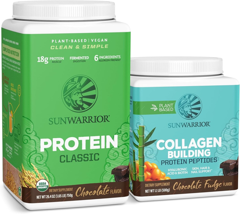 Sunwarrior Classic Vegan Protein Powder ← Plant-Based 30 Servings, Chocolate &amp; Collagen Building Powder Hyaluronic Acid TEN 20 Servings, Chocolate Flavored