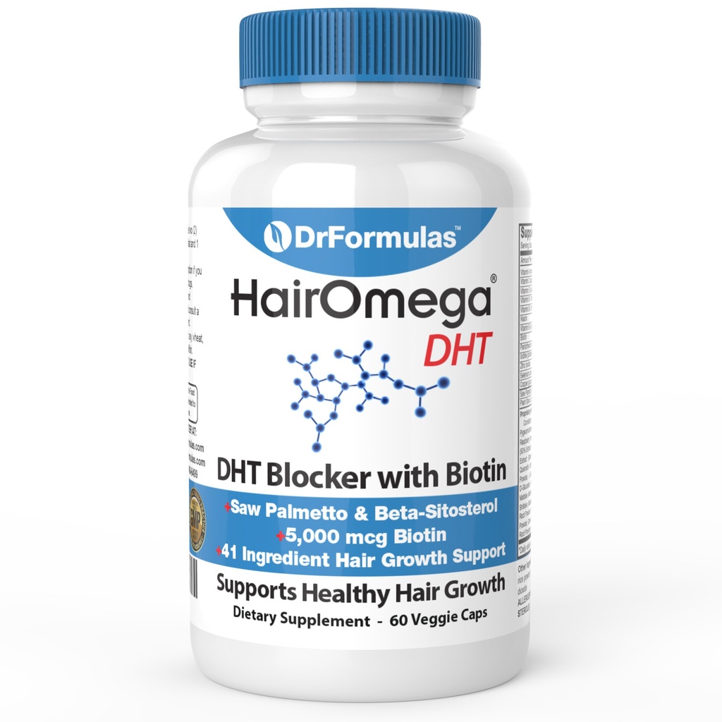 DrFormulas HairOmega DHT Blocker Biotin 5000 mcg Vitaminas para el Crecimiento del Pelo Suplemento Silencioso Píldoras para Mujeres y Hombres, 30 Day Supply
