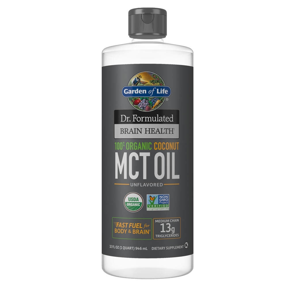 Garden of Life Dr. Formulated Brain Health 100% Organic Coconut MCT Oil 32 fl oz Unflavored, 13g MCT, Body & Brain Fuel, Certified Non-GMO Vegan &amp; Gluten Free, Hexane-Free