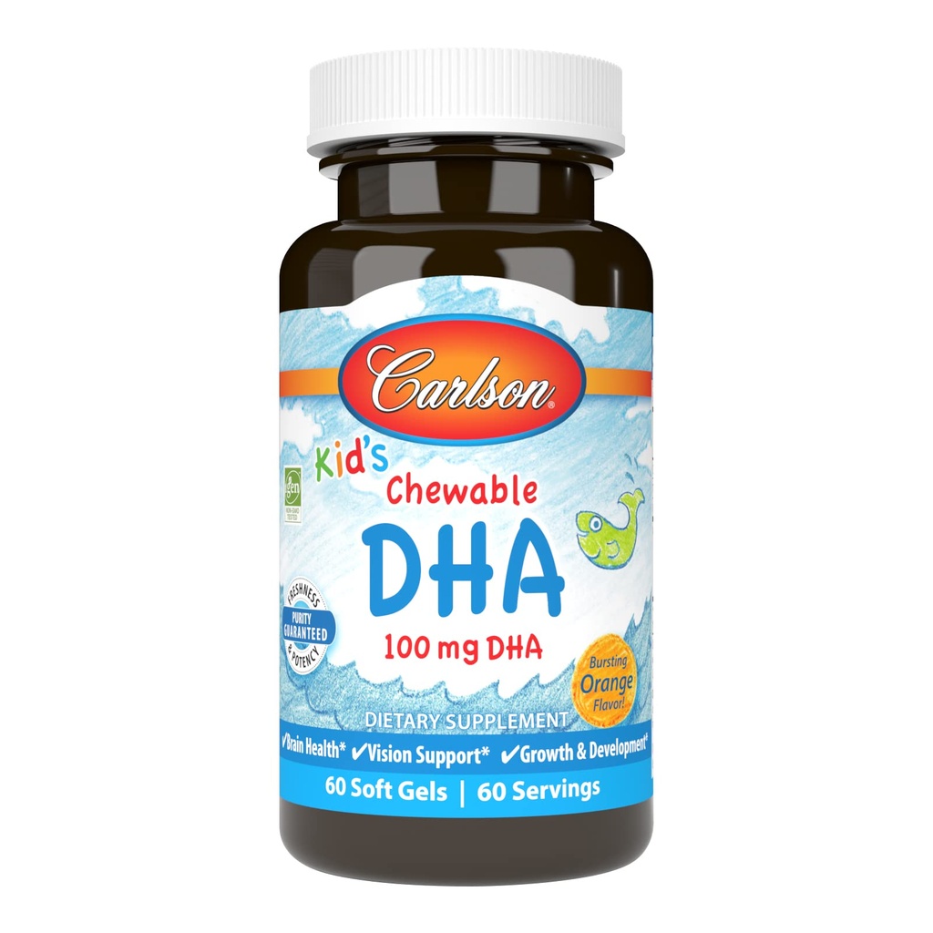 Carlson - DHA para niños, 100 mg DHA, Función de visión del cerebro, crecimiento y desarrollo, naranja, 60 Softgels Chewable