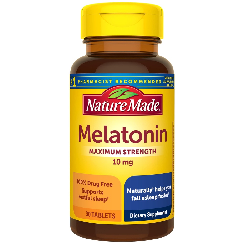 Nature Made Melatonin 10mg Extra Strength Tablets, Dietary Supplement for Restful Sleep, 30 Cuenta, 30 Day Supply