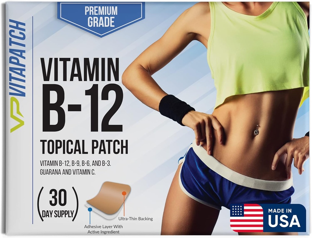 Premium Grado B12 Patches 30 Day Supply B12 Patch – Hecho con Vitamina B12 Metilcobalamina para Energía y Vitamina Guarana - 100% Hecho en EE.UU.