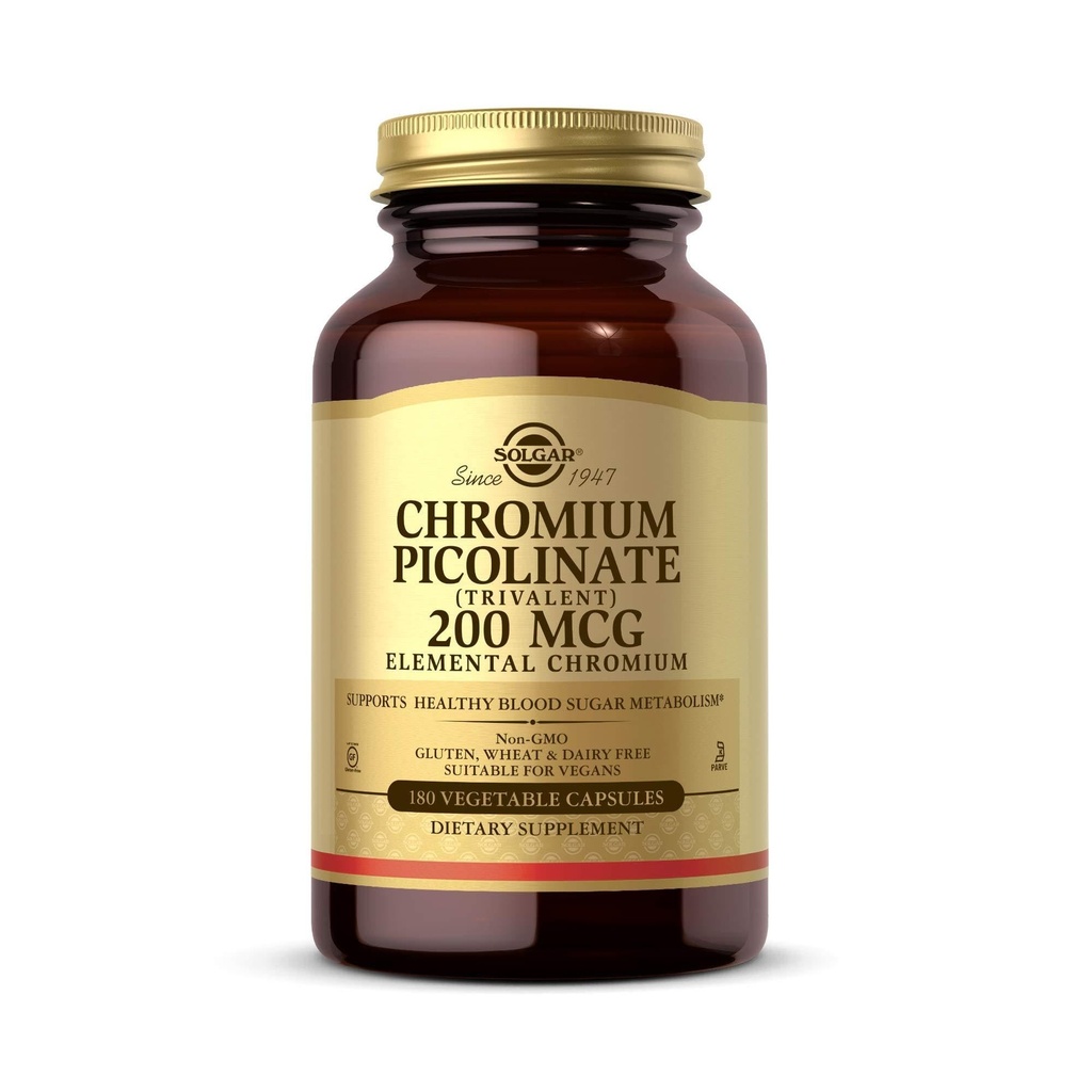 Solgar Chromium Picolinate 200 mcg, 180 cápsulas vegetales - Soportes Metabolismo saludable de azúcar en sangre - No GMO, Vegan, Gluten Gratis, Dairy Free, Kosher - 180 Servimientos