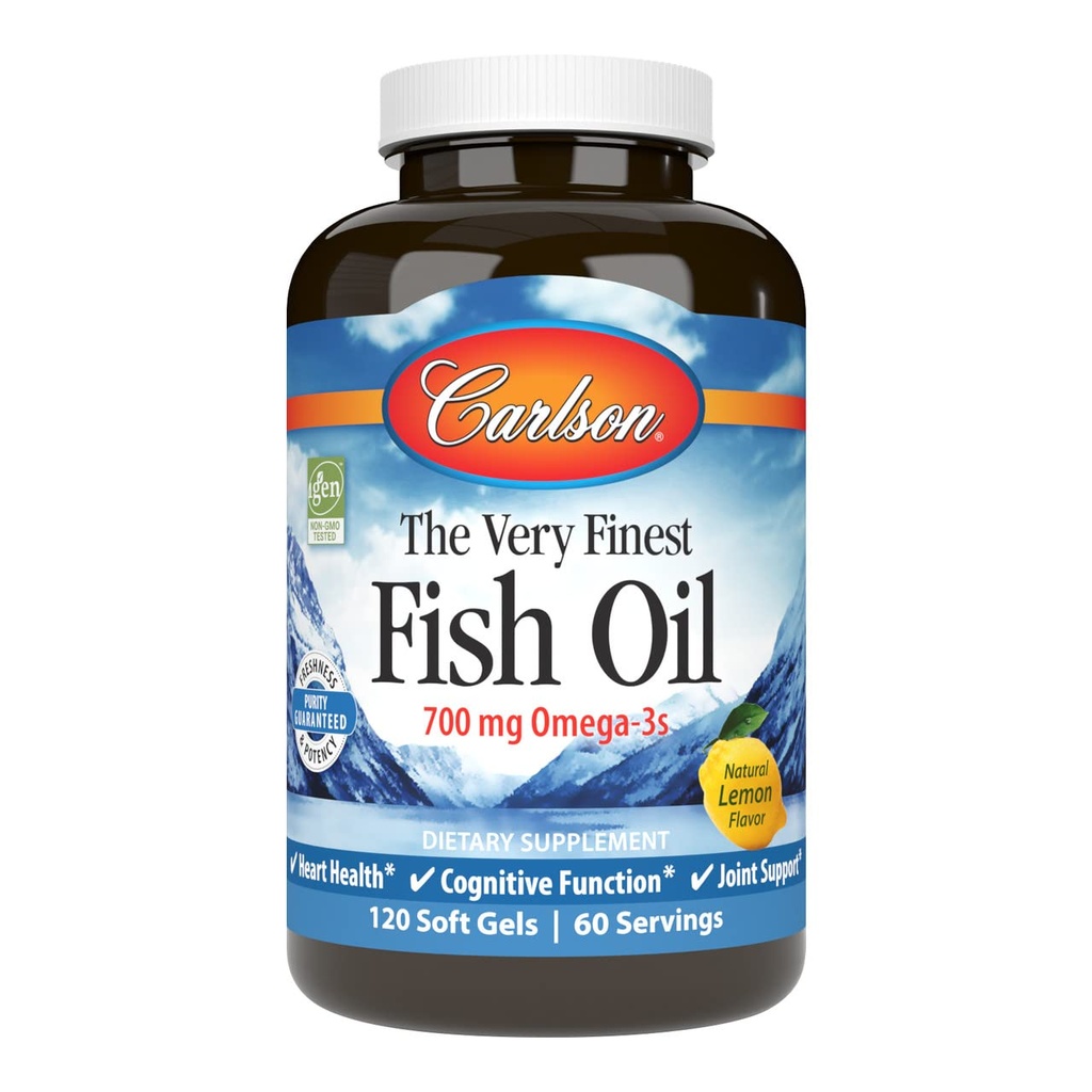 Carlson - The Very Finest Fish Oil, 700 mg Omega-3, Norwegian Fish Oil Supplement, Wild Caught Omega-3 Fish Oil, Sustentablemente Fuented Fish Oil Capsules, Omega 3 Suplemento, Lemon, 120 Softgels
