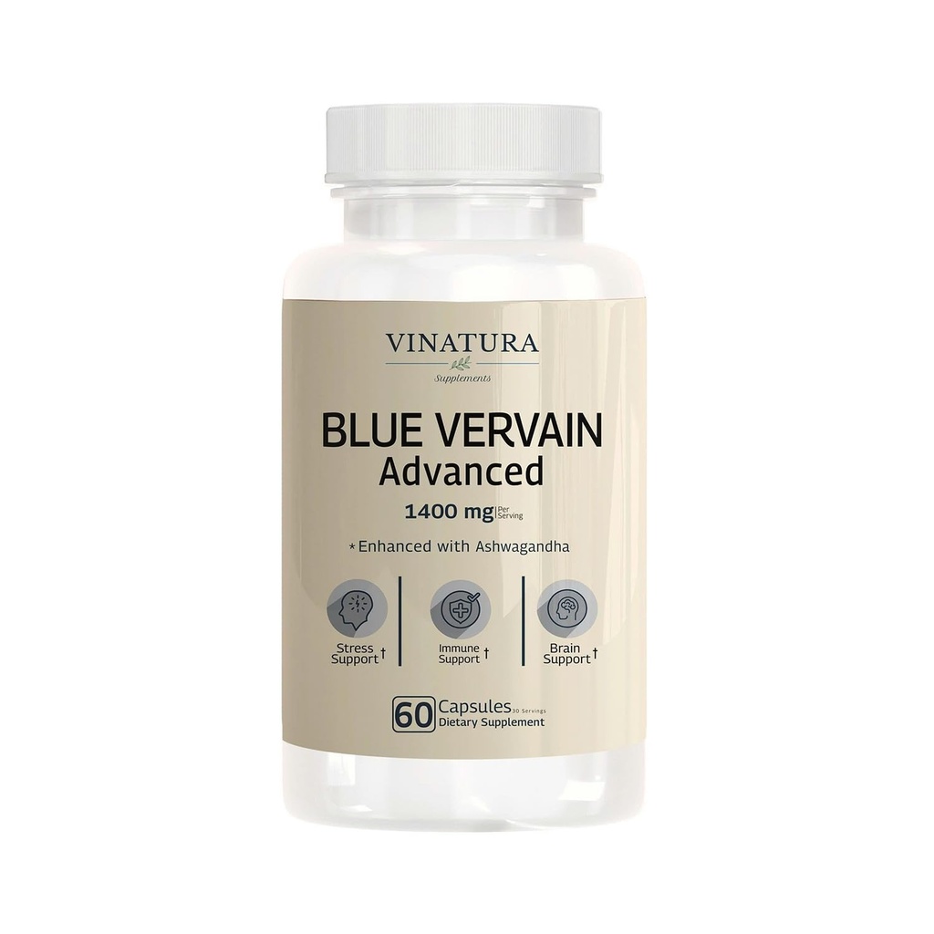 VINATURA Blue Vervain Avanzado con Ashwagandha - 1400mg por serv, Blue Vervain Capsules, Blue Vervain Tea Alternative, Brain Health, Stress Relief, Ashwagandha Supplements - 60 Capsules
