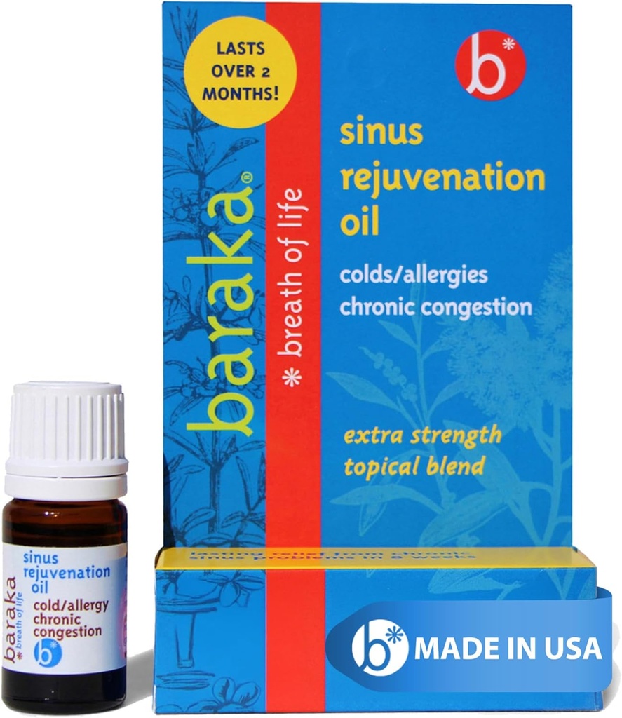 Baraka Sinus Rejuvenation Oil – Blend of 6 Organic Essential Oils for Clear Nasal Breathing, Eases Sinus Pressure, &amp; Offers Relaxing Nasal Health Support ← Ideal para uso diario – 4ml (1-Pack)
