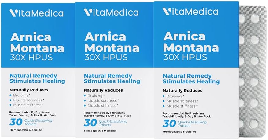 VitaMedica Arnica Montana Blister Pack 30X Tablets for Bruising Pain and Swelling ⇩ Fórmula basada en plantas recomendadas por Plastic Surgeons ← Recuperación natural Cirugía o lesión  3 Pack ← 45 Servings