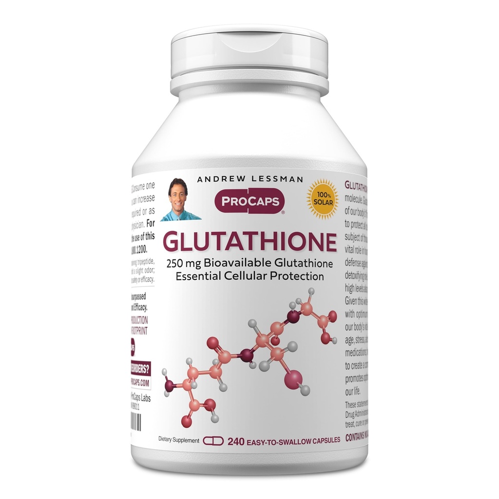 ANDREW LESSMAN Glutathione 250 mg - 240 cápsulas - potente antioxidante, reduce la tensión oxidativa. Biodisponible, protege células, tejidos, órganos. Apoya la Salud Inmune. Cápsulas fáciles de cambiar.