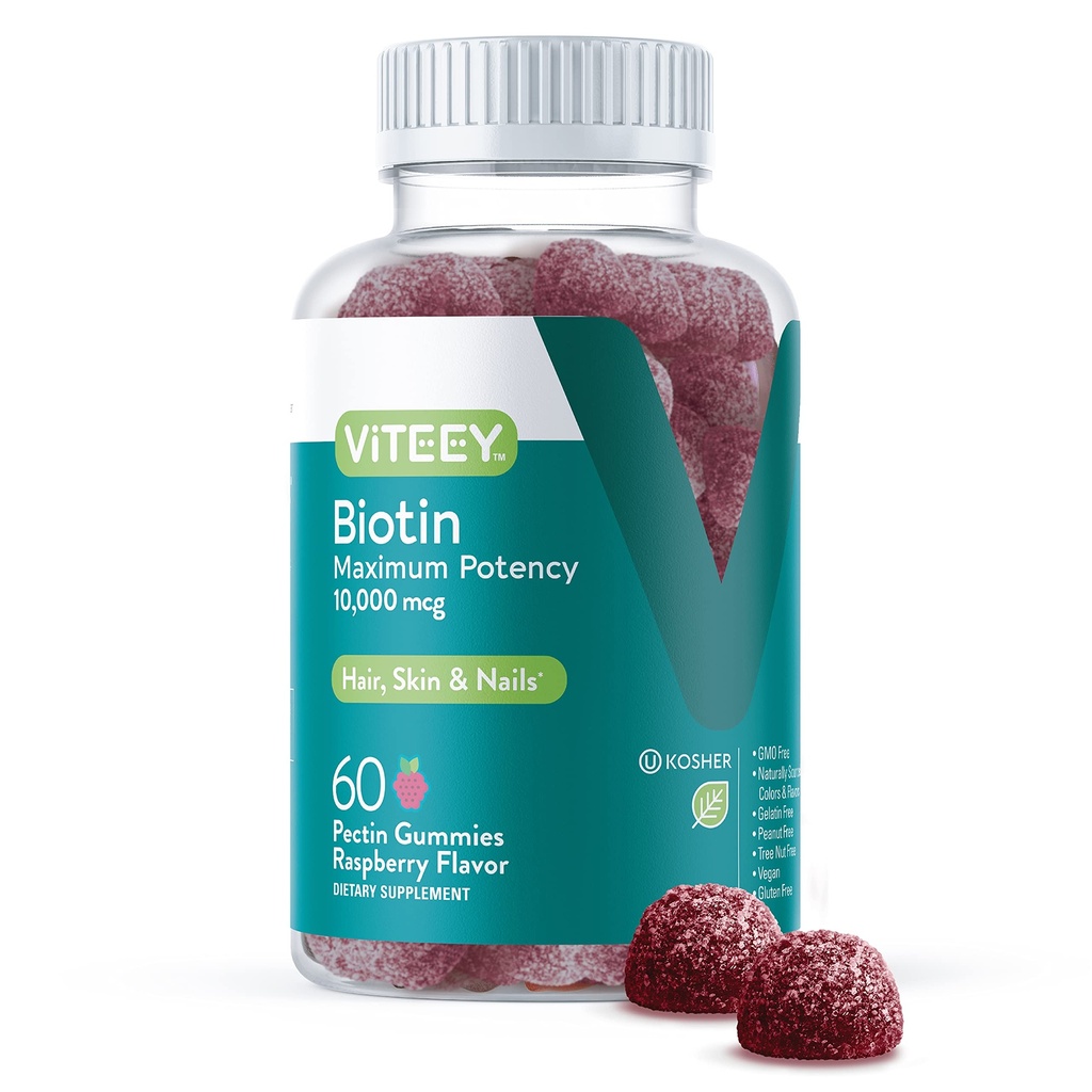 Viteey Biotin Gummies for Hair Skin and Nails - Biotin for Hair Growth Gummies - 10,000 mcg - Vegan, Gluten-Free, Non-GMO – 60 Condes