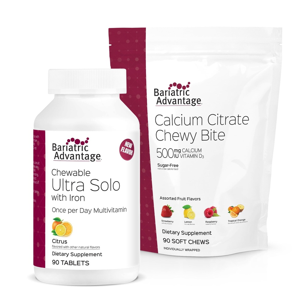 Bariatric Advantage Chewable Ultra Solo con Hierro - Citrus, 30 Cuenta y Calcio Citrate Chewy Bites 500 mg - Assorted Fruit Flavor,90 Cuenta