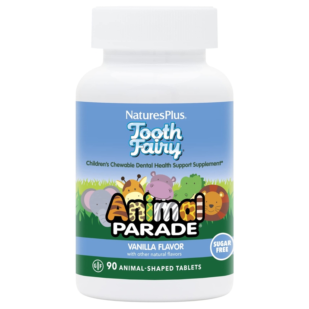 Natures Plus Animal Parade Tooth Fairy Children's Chewables - Natural Vanilla Flavor - 90 Tablas con Forma de Animales - Suplemento de Salud Dental - Vegetariano, Gluten Gratis - 45 Servings