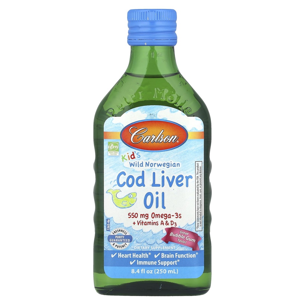 Carlson Kid's Wild Norwegian, Cod Liver Oil + Vitaminas A & D3, Bubble Gum, 8.4 fl oz (250 ml)