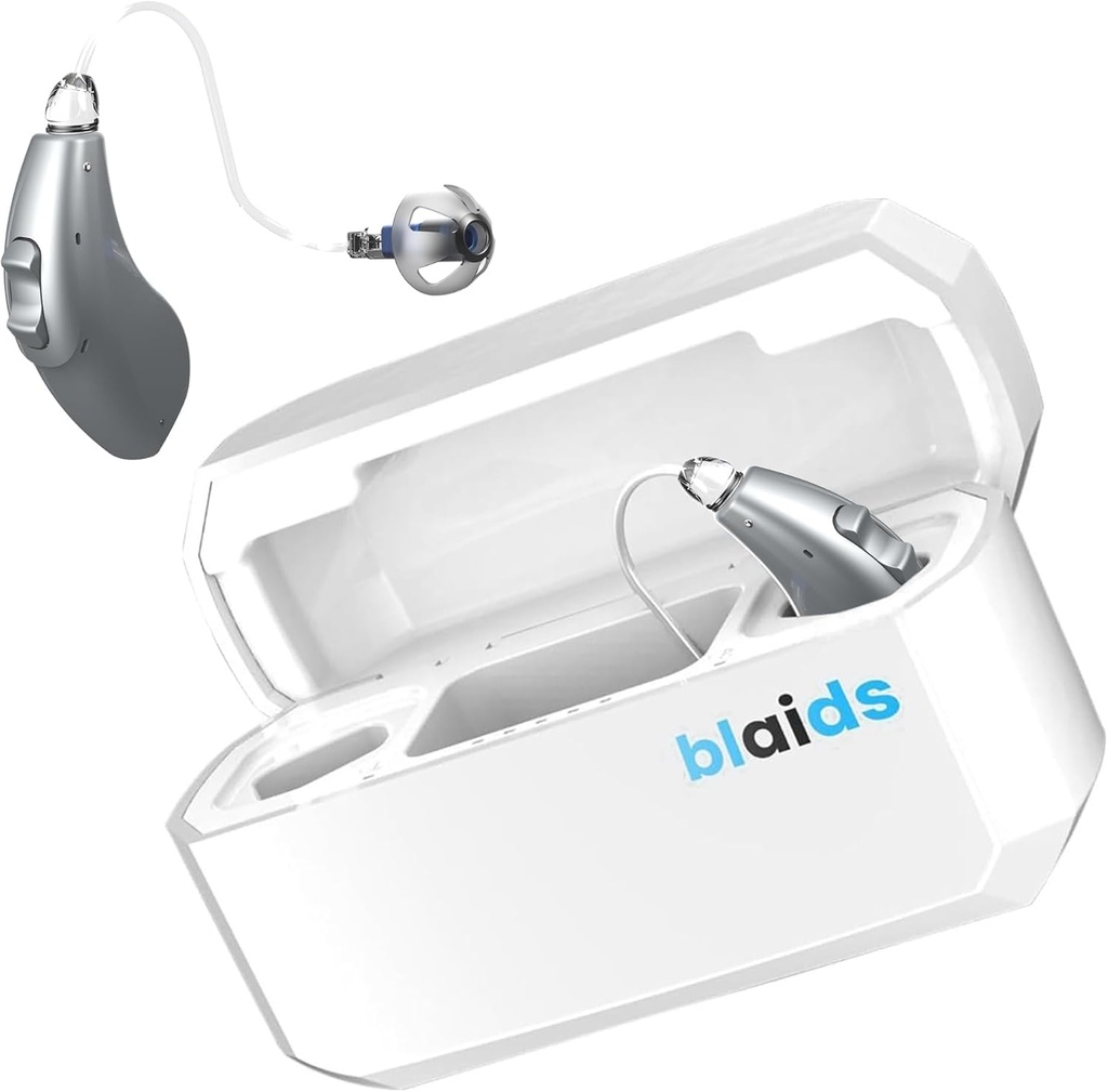 BlaidsX Neuro Recargable RIC + Ayudas de Audición programables para adultos con aplicación móvil Test de Audiencia " Cancelación de ruidos, ayudas auditivas para personas mayores, doble micrófono " 96 canales DSP. Procesador USA-Made