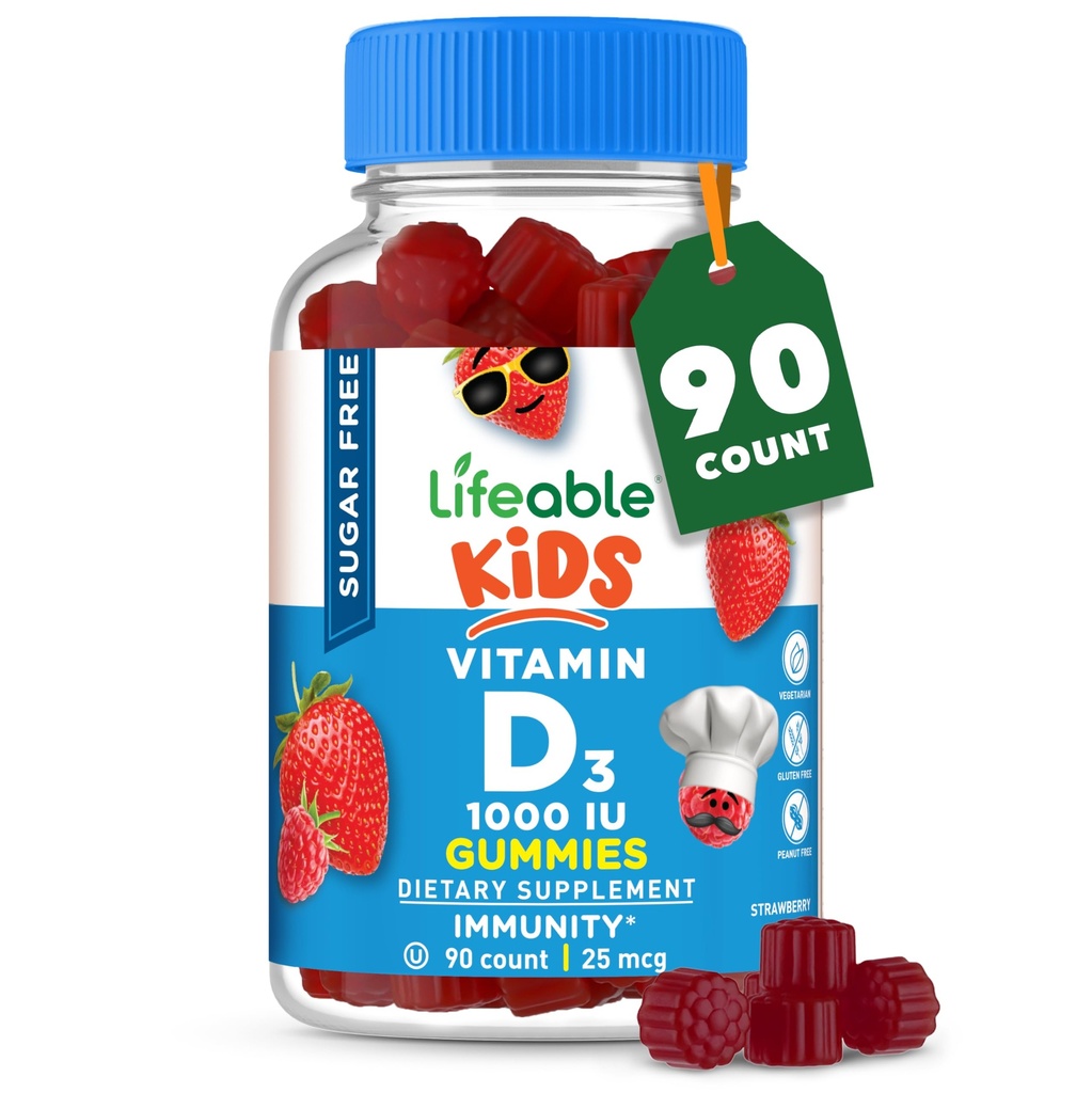 Vitamina D gratuita de azúcar para niños 1000 UI – Gran sabor natural Gummy Suplemento – Gluten libre vegetariano – para huesos fuertes y saludables, para niños, adolescentes, Toddler, 90 Gummies