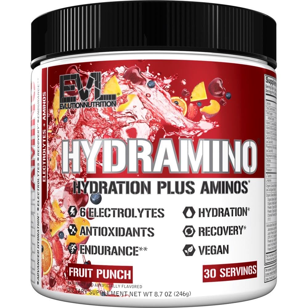 Evlution Nutrition HYDRAMINO Complete Hydration Multiplier, All 6 Electrolytes, Vitamina C &amp; B, Fluid Boosting Aminos, Coconut Water, Endurance, Recovery, Antioxidants, 30 Serve, Fruit Punch