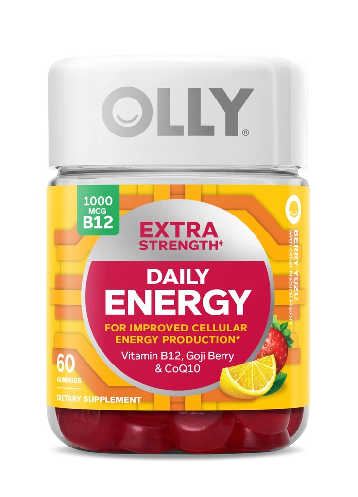 OLLY Extra Strength Daily Energy Gummy, Caffeine Free, 1000mcg Vitamin B12, CoQ10, Goji Berry, Adult Chewable Suplemento, Berry Yuzu Flavor - 60 Cuenta