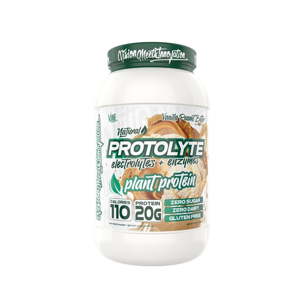 Protolyte Natural Plant Protein by VMI Sports with Electrolytes and Enzymes ¦ Zero Sugar – Zero Dairy – Gluten Free TEN 20 G Protein + 10.5 G de EAAs (25 porción, Vanilla Peanut Butter)