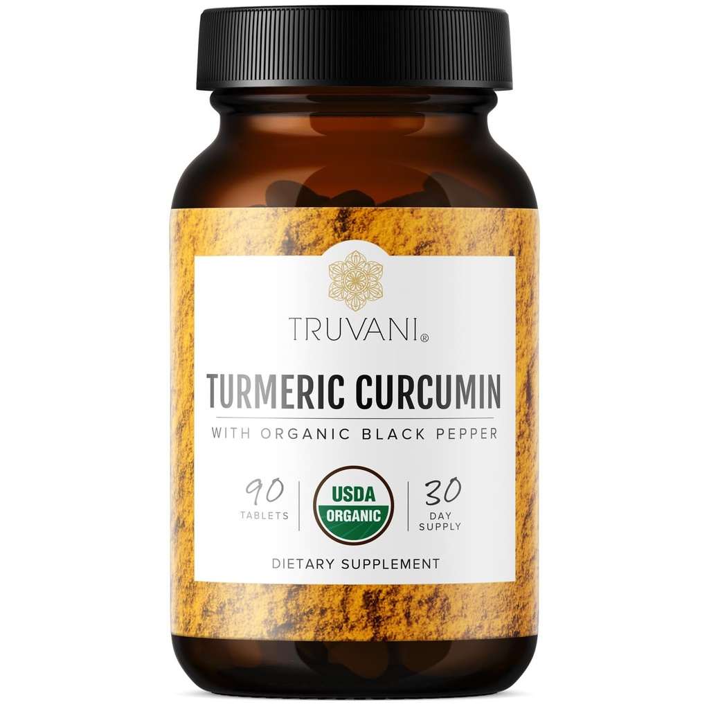 Truvani Tablas de Curcumina Turmérica Orgánica 1,350 mg Cada - Soporte Conjunto Natural con Pepper Negro para Absorción - 90 Tabletas