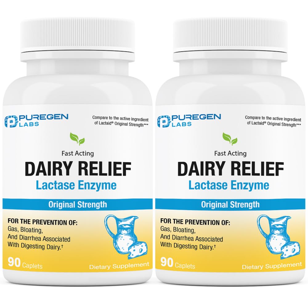 Puregen Labs Dairy Relief Natural Fast Acting Lactase Enzyme 3000 FCC, Lactose Intolerance Pills ← 2 Pack - 180 Caplets Total
