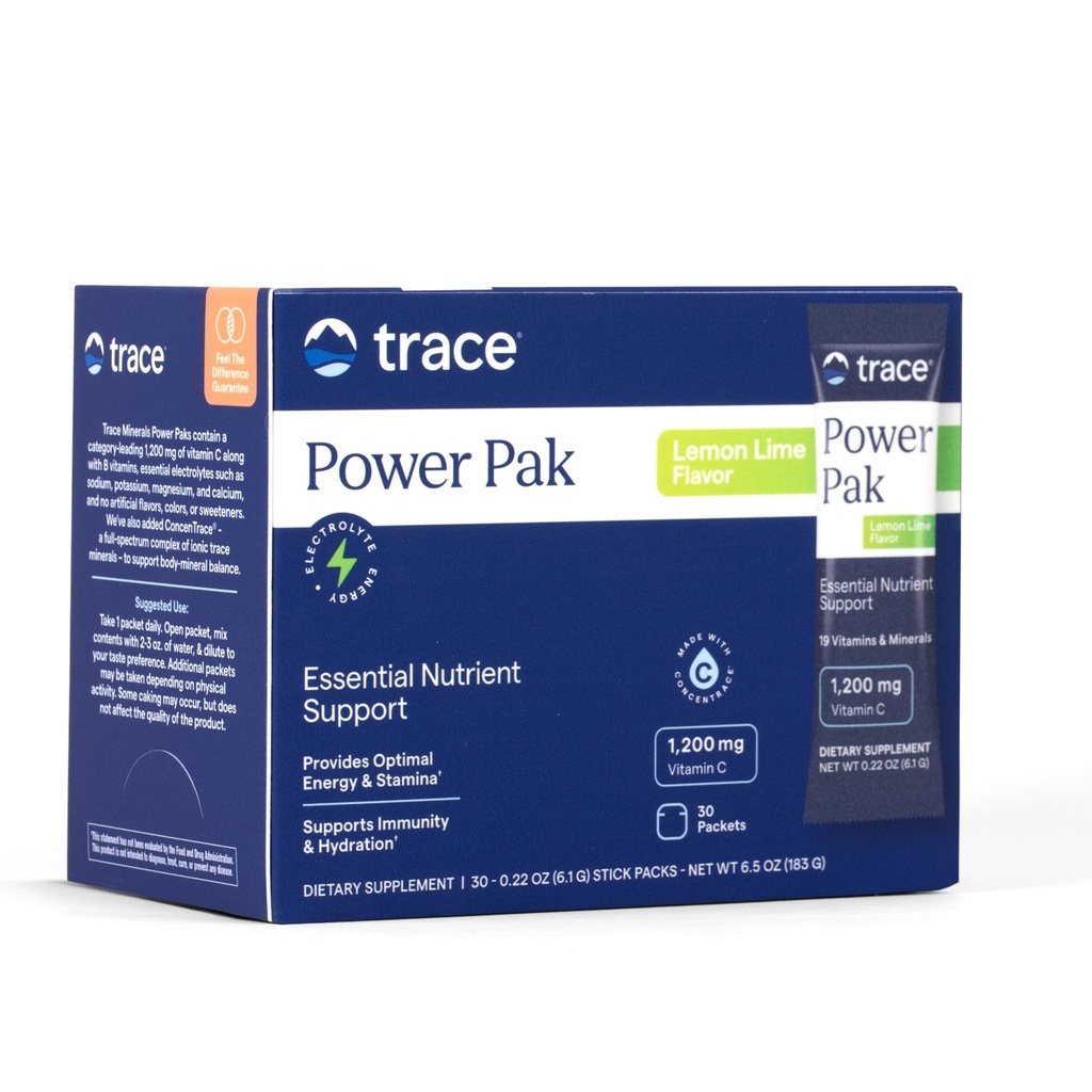 Trace Minerals Power Pak Multivitamin y Packets Multimineral - Electrolyte Support - 1200 mg Vitamina C plus 70+ Trace Minerals - Limo Lime Flavor - 30 Packets