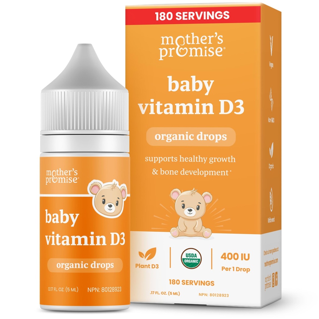 Promesa de la madre Bebé Orgánica Vitamina D gotas TENIDO 100% Planta Basada TENIDO Crecimiento saludable &amp; Desarrollo de los huesos TENIDO Age Newborn+ ANTE 180 Sirve para bebés Vitamina D3 Líquido para bebés &amp; niños