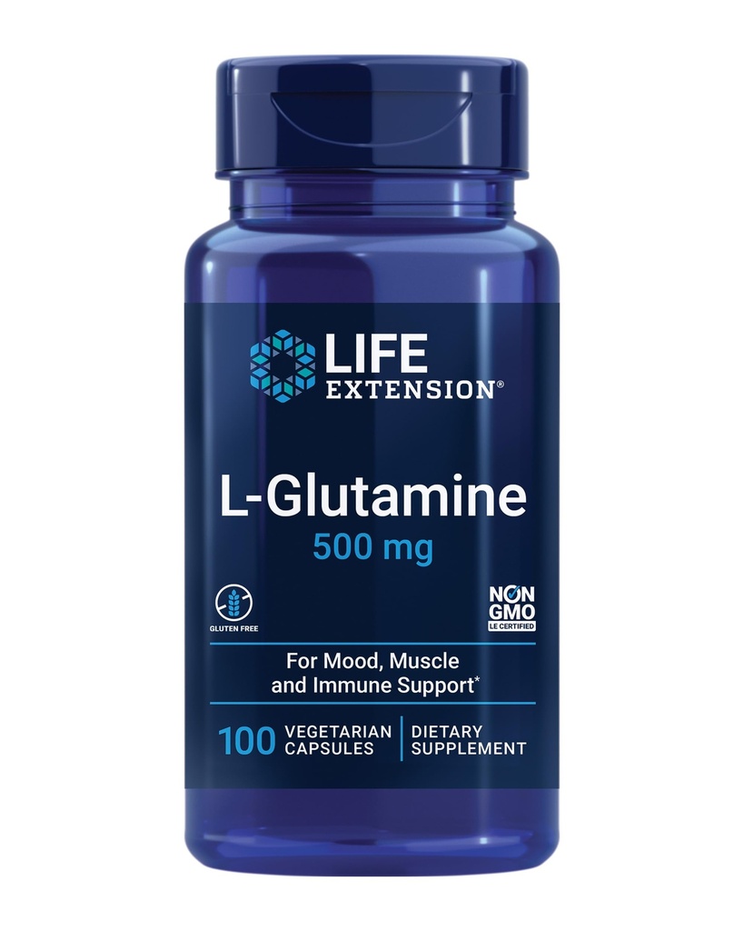 Extensión de la vida L-Glutamina, 500 mg L-glutamina, Amino Acid, apoya la salud muscular y la salud inmunitaria, libre de gluten, no GMO, 100 cápsulas vegetarianas