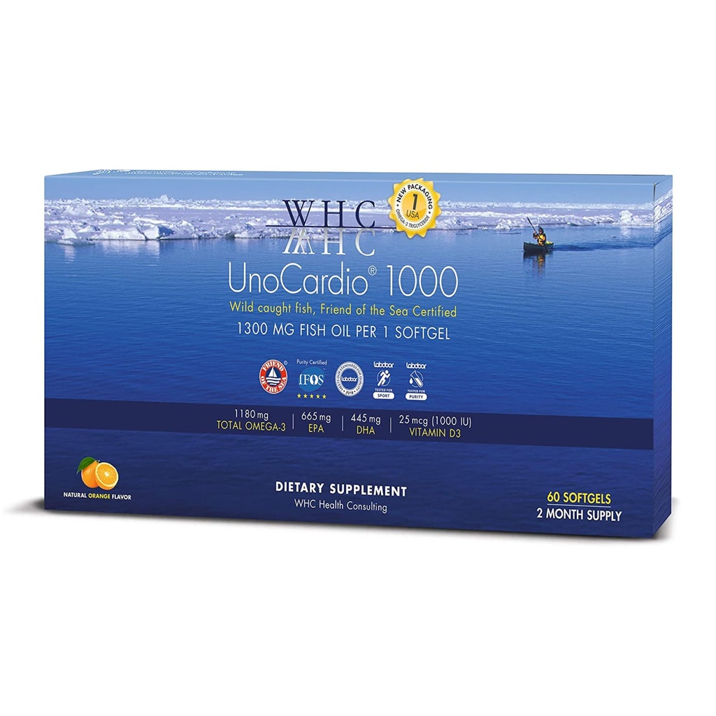 WHC, UnoCardio 1000 Fish Oil, 1300 mg de Pure Triglyceride Fish Oil con Omega-3 (1180 mg), 665 mg EPA y 445 mg DHA y 25 mcg (1000 UI) Vitamina D3 por softgel, Natural Orange, 60 softgels