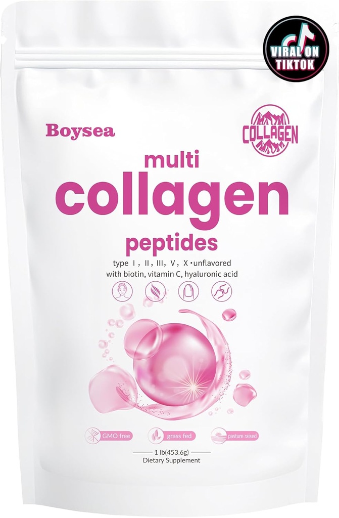 Boysea. Péptidos de color multicolor Polvo - Péptidos de proteína hidrolizada Tipos I, II, III, V, X con biotina & vitamina C, soporta la piel, el cabello, la uñas y la articulación, sin sabor, sin gluten, fácil mezcla 1LB