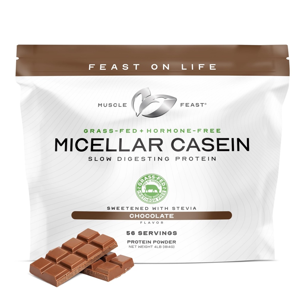 Muscle Feast Grass Fed Micellar Casein Protein Powder, Pasture Raised &amp; Hormone Free, Slow Digesting Casein Protein - Supports Overnight Muscle Recovery, Gluten Free Protein Powder - Chocolate, 4lb