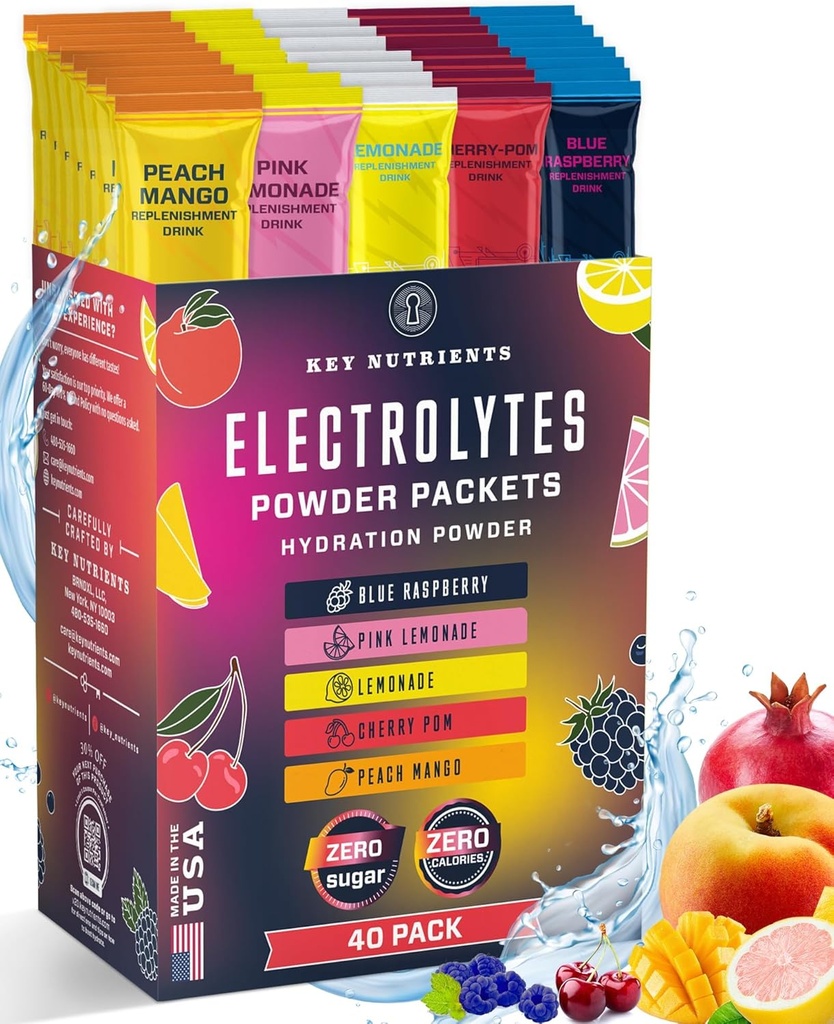 KEY NUTRIENTS 40 Pack Multivitamin Hydration Packets - 5 Delicious Flavors - Electrolytes Powder Packets No Sugar - Sin calorías, Gluten Gratis, Keto - 40 Servings - Made in USA