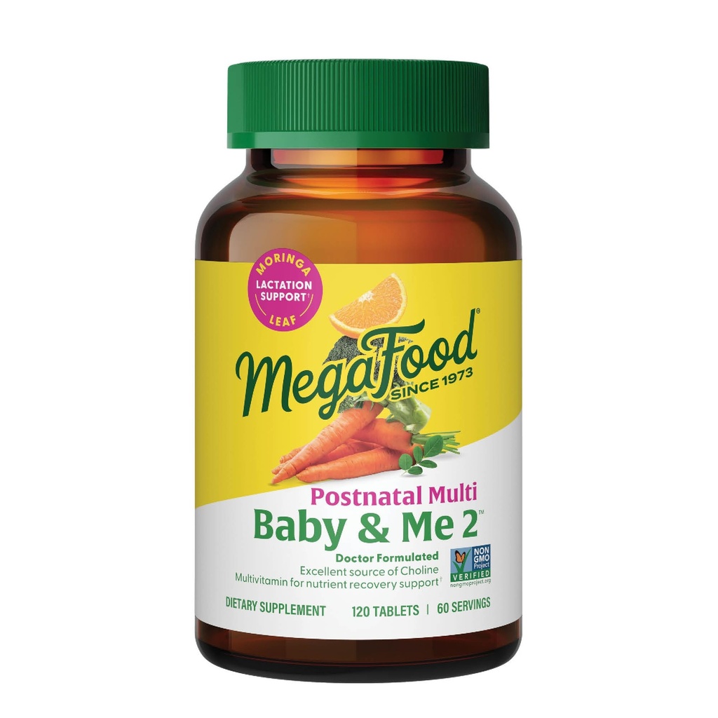 MegaFood Baby &amp; Me 2 Vitaminas posnatales para las mujeres Lactancia con folato (formulario natural ácido alimenticio), Choline, Iodine, Vitamina D, Moringa Leaf y Más - 120 Tabs (60 Servings)
