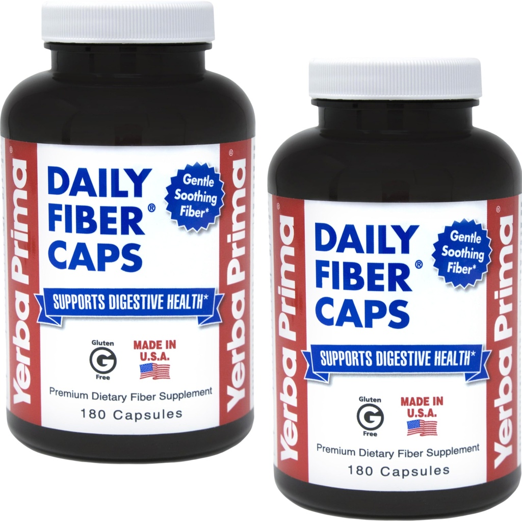 Yerba Prima Daily Fiber Formula - 180 caps (Pack of 2) - Soluble & Insoluble Suplemento de fibra dietética - Colon Cleanse - Gut Health - Vegan, Non-GMO, Gluten-Free