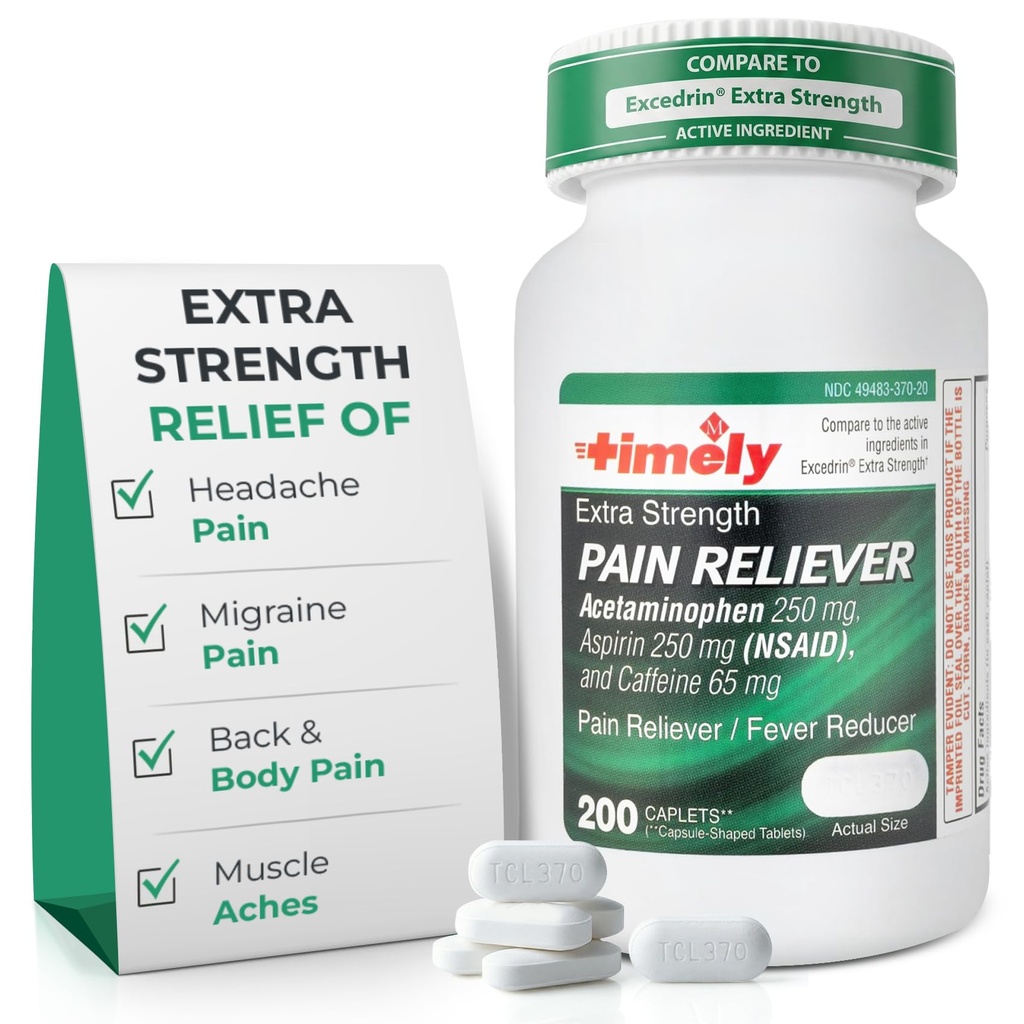 Lágrimas de hora, INC. Previamente Extra Strength Headache Relief - Acetaminophen with Aspirin " Caffeine (200 caplets) - Dolor de cabeza, migraña " atrás y dolor de cuerpo " .