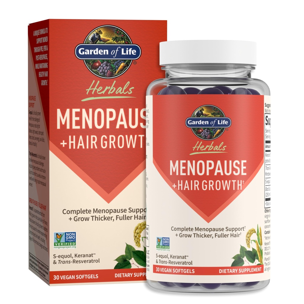 Garden of Life Herbals Menopause Suplemento con S-equol & Trans-Resveratrol para Multi-Symptom Relief, Keranat para Thicker, Fuller Hair Growth – Non-GMO, Gluten-Free, Vegan, Berry Flavor, 30 Servings