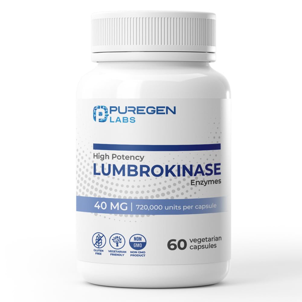 Puregen Labs Lumbrokinase 40mg per Capsule High Potency Supplement TEN High Activity Lumbrokinase Enzymes TEN No Harmful Additives ← Non-GMO TEN Gluten Free TEN Made in USA - 60 Vegetarian Capsules