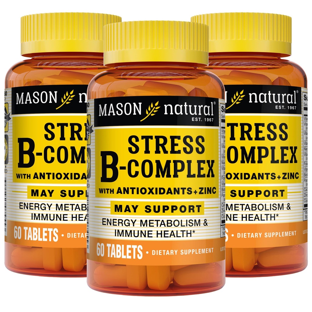 MASON NATURAL Stress B,Complejo con Antioxidantes + Zinc, 6 Mes de Suministro, Dual Action Formula, Apoya Metabolismo Energético & Immune Health, 3 Pack