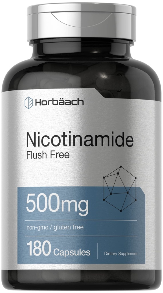 Horbäach Nicotinamide 500mg  180 Capsules ← Flush Suplemento dietético gratuito ← No Gluten y vitamina libre