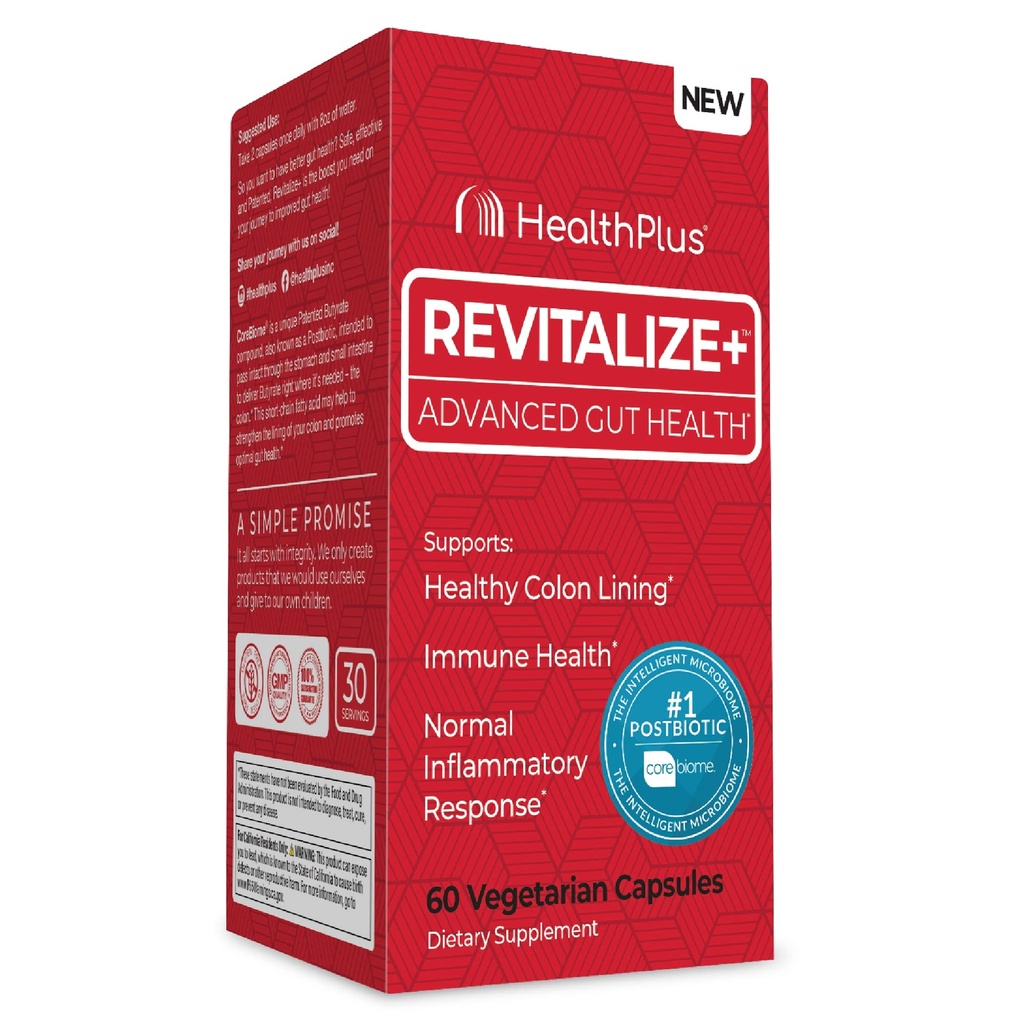 Health Plus Revitalize+ Corebiome Tributyrin Postbiotics for Complete Digestive Health, Leaky Gut, Colon peru Gut Health Supplements for Men &amp; Women TEN 60 Capsules, 30 Servings